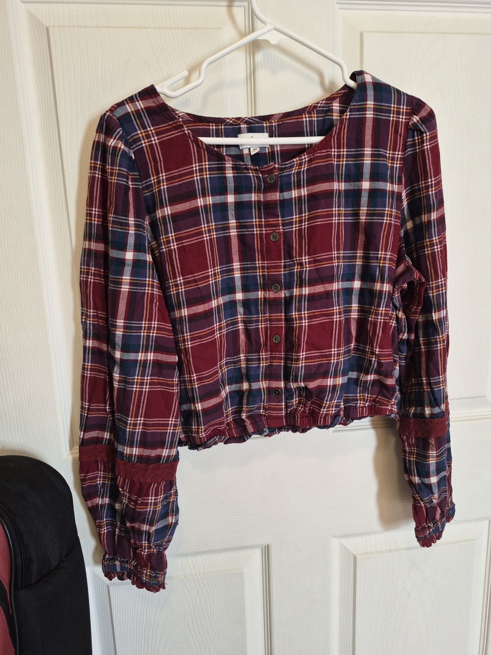 True Craft Burgundy and Navy Plaid Button-Front Long Sleeve Top